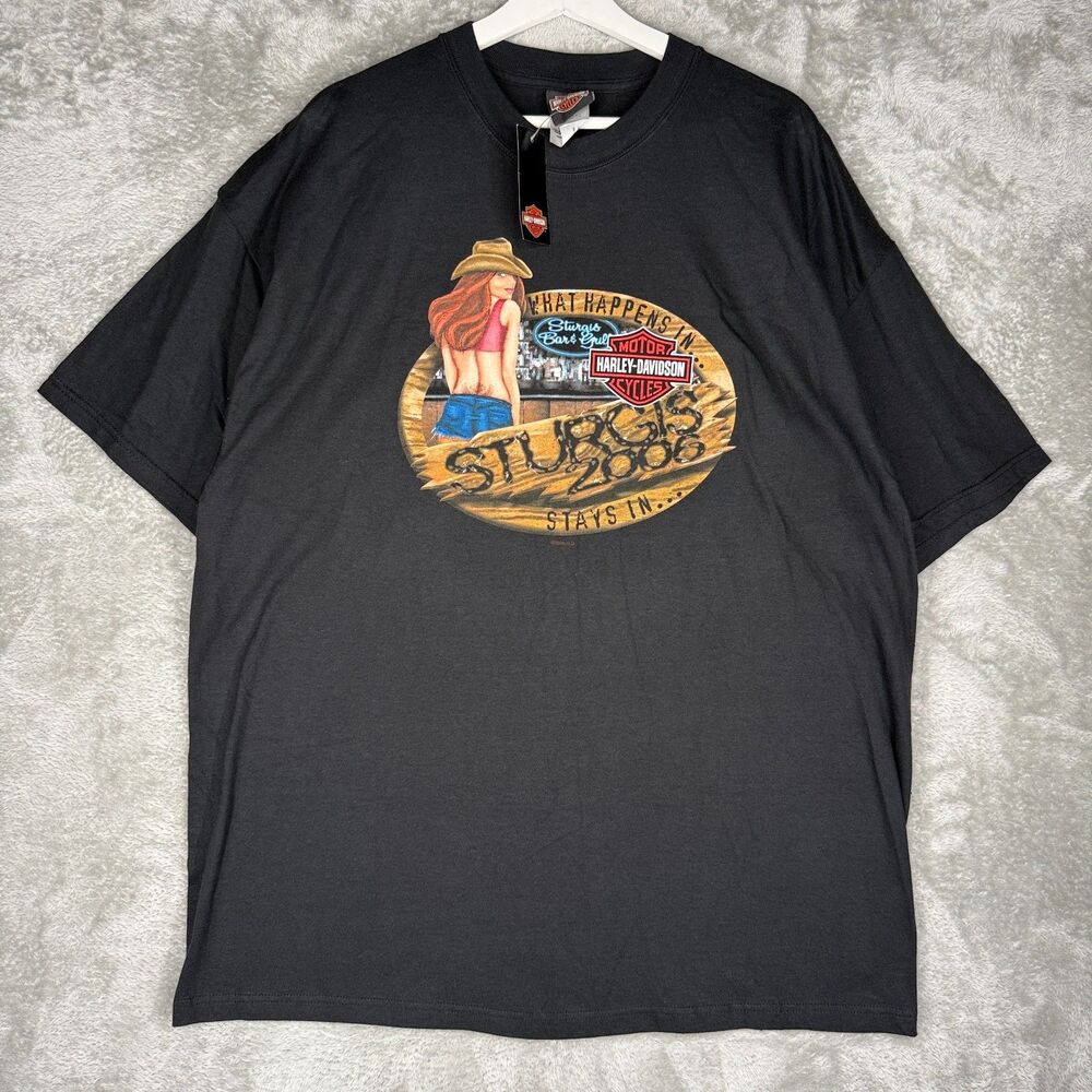 Vtg Harley Davidson T-Shirt Mens 2XL Sturgis 2006 Girl Graphic Black Hills Rally